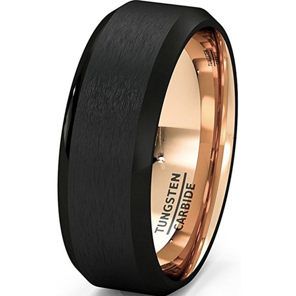 Mens Tungsten Wedding Band (8mm). Black Matte Finish Tungsten Ring w/ Rose Gold - Picture 1 of 3